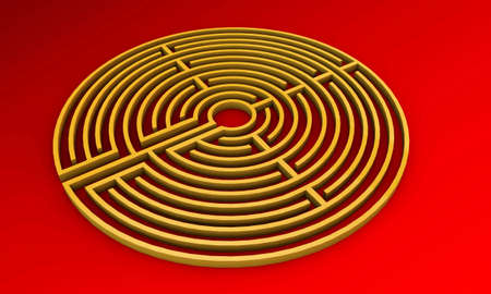 circular labyrinth isolated on red backgroundの写真素材