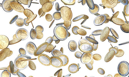 euro coins falling isolated on white backgroundの写真素材