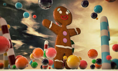 gingerbread man happy in a sweet candies world