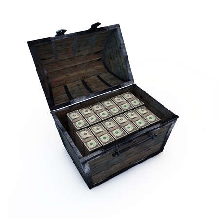 treasure chest with american dollars isolated on white backgroundの写真素材