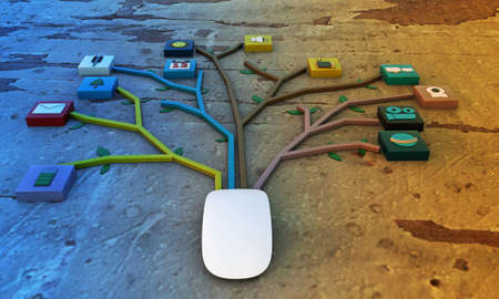 mouse connected with applications icons on wooden floorの写真素材