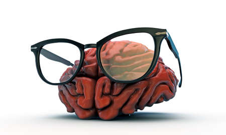big brain with black glasses isolated on white backgroundの写真素材