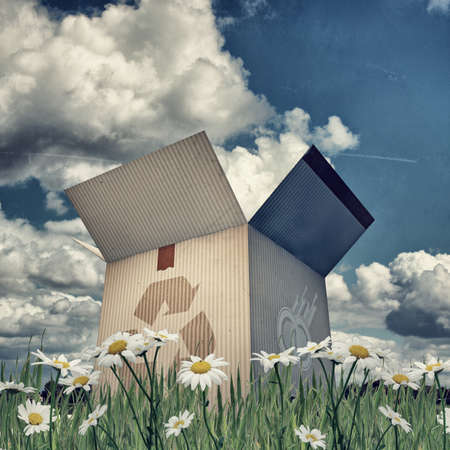 cardboard box with recycle sign on green grassの写真素材