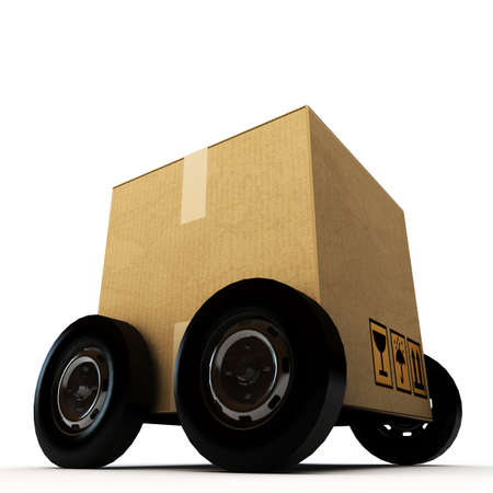 cardboard box on wheels isolated on white backgroundの写真素材