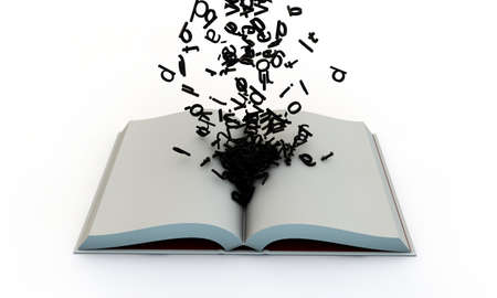open book with letters isolated on white の写真素材