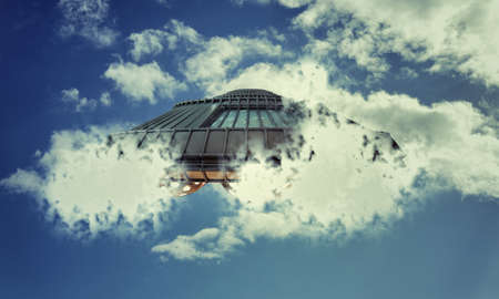 ufo spaceship flying in the skyの写真素材