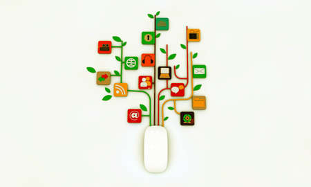 computer mouse connected with web icons isolated on white backgroundの写真素材