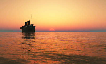 cruise ship sailing at sunset の写真素材