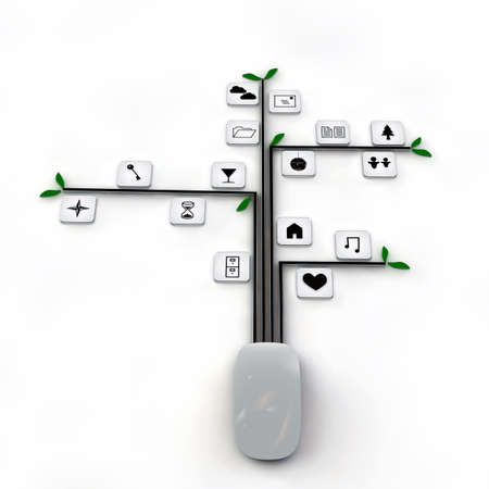 computer mouse connected with web icons isolated on white backgroundの写真素材