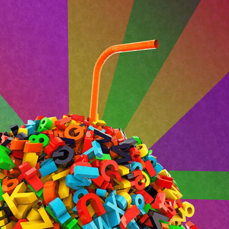 ball of letters with orange on rainbow background