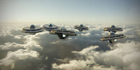 ufo in formation flying over the clouds