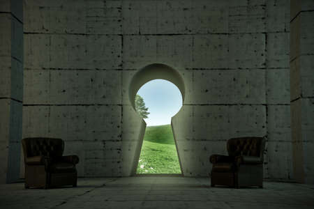 key gate access on concrete wallの写真素材