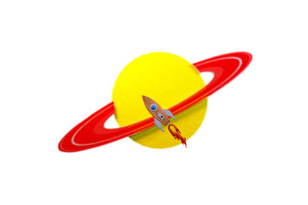 space rocket flying over saturnの写真素材