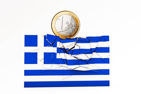 greek flag crashed under euro weightの写真素材
