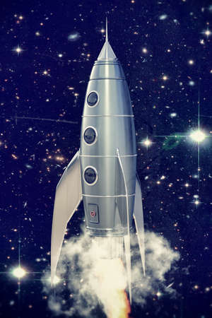 space rocket retro style take off in the spaceの写真素材