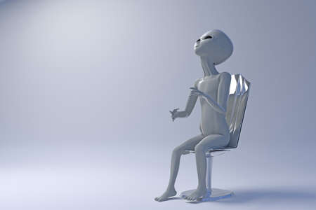 3d illustration of an alien sitting on a metal chairの写真素材