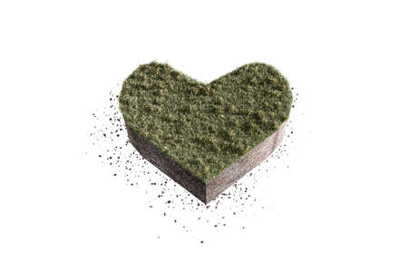 3d illustration of a heart shaped piece of soil isolated on white backgroundの写真素材