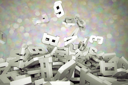 3d illustration of falling letters isolated on glitter backgroundの写真素材