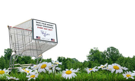 3d illustration of a shopping cart on green grassの写真素材