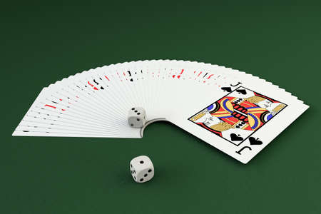 3d illustration of poker cards and dies isolated on green background