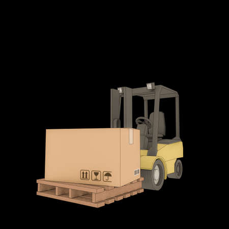 3d illustration of a forklift isolated on black backgroundの写真素材