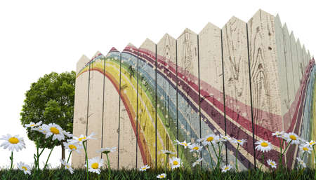 3d illustration of a wooden fence on green grassの写真素材