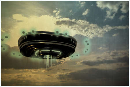 3d illustration of an unidentified flying object in old photo