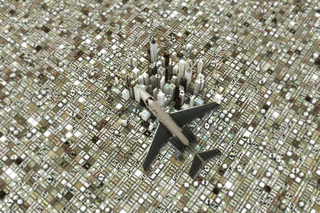 3d illustration of a private jet flying over the downtown district