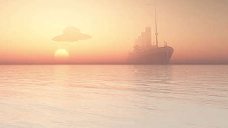 3d illustration of an ufo flying over an old ocean liner の写真素材