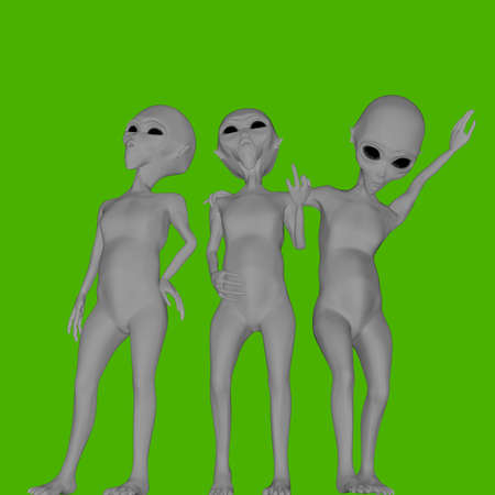 group of aliens isolated on green background 3d illustration
