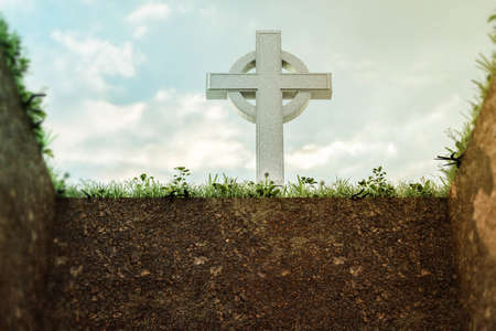 empty grave with celtic tombstone 3d illustrationの写真素材