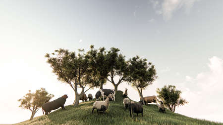 sheeps and cows grazing on grass 3d illustrationの写真素材