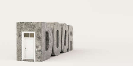 white wooden door on concrete text isolated on white backgroundの写真素材