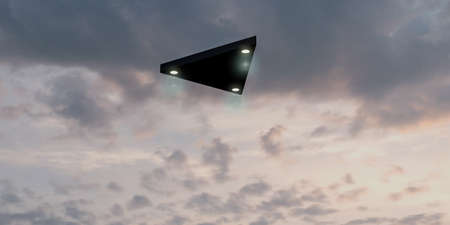 Triangular shaped ufo flying in the sky 3d illustration