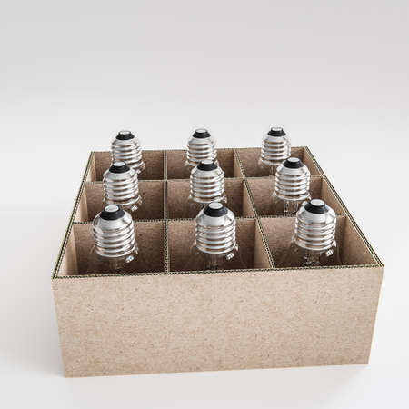light bulbs in a box isolated on white background 3d illustrationの写真素材