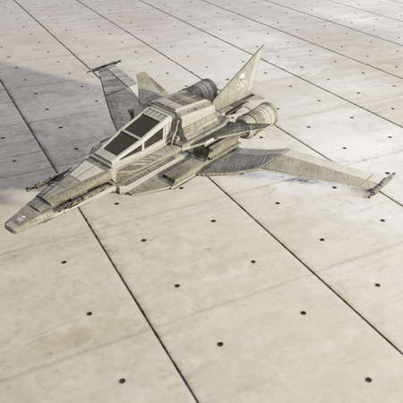 spaceship fighter toy on concrete floor 3d illustration