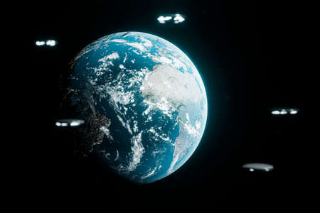 alien spaceships approaching the planet earth 3d illustrationの写真素材