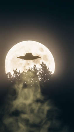 ufo flying over the wood 3d illustration