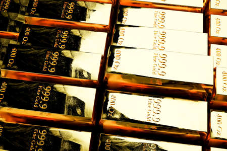massive arrangement of gold bars close up 3d illustrationの写真素材