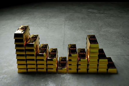 gold bars on concrete floor 3d illustrationの写真素材