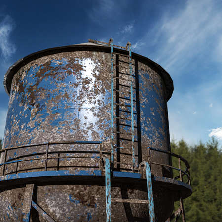 3d illustration of a rusty water tank towerの写真素材