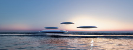 unidentified flying objects sighting over the sea 3d illustrationの写真素材