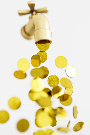 golden faucet isolated on white background 3d illustratinの写真素材