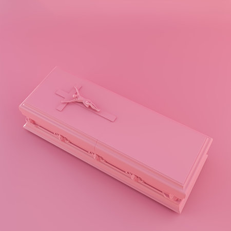 pink coffin isolated on pink background 3d illustrationの写真素材