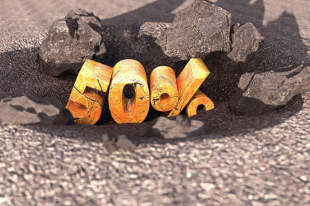 fifty percent off smashed on ground 3d illustration