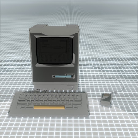 old computer retro technology on a luminescent grid