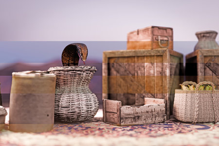 Black cobra into a wicker basket at the oriental bazaar 3d illustration