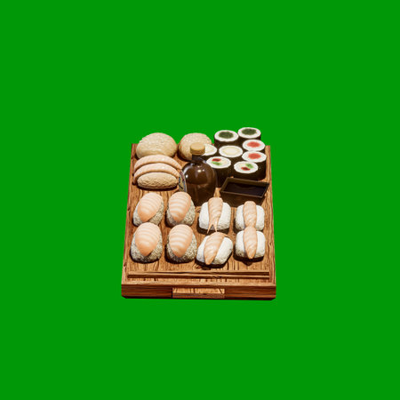 cutting board with japanese sushi isolated on green background 3d illustration