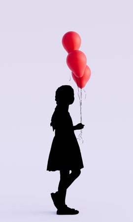 kid silhouette with red balloon isolated on white backgroundの写真素材