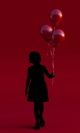 kid silhouette with red balloon isolated on red backgroundの写真素材